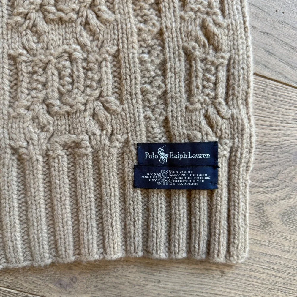 Polo Ralph Lauren‎ Wool Rabbit Hair Cable Knit Scarf Oatmeal Beige Chunky Winter